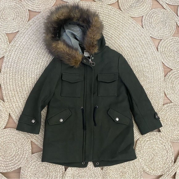 Zara Girls Olive Green Wool Blend Faux Fur Hooded Coat Size 11/12 - Picture 2 of 5